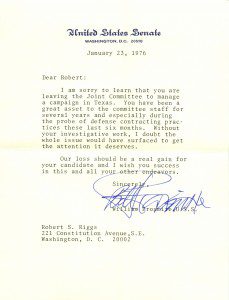 U. S. Senator William Proxmire thanks Robert Riggs for his work as Chief Investigator for the Joint Committee on Defense Production. Proxmire and Rep Wright Patman, the Chairman of the House Banking Committee, served as joint chairmen.