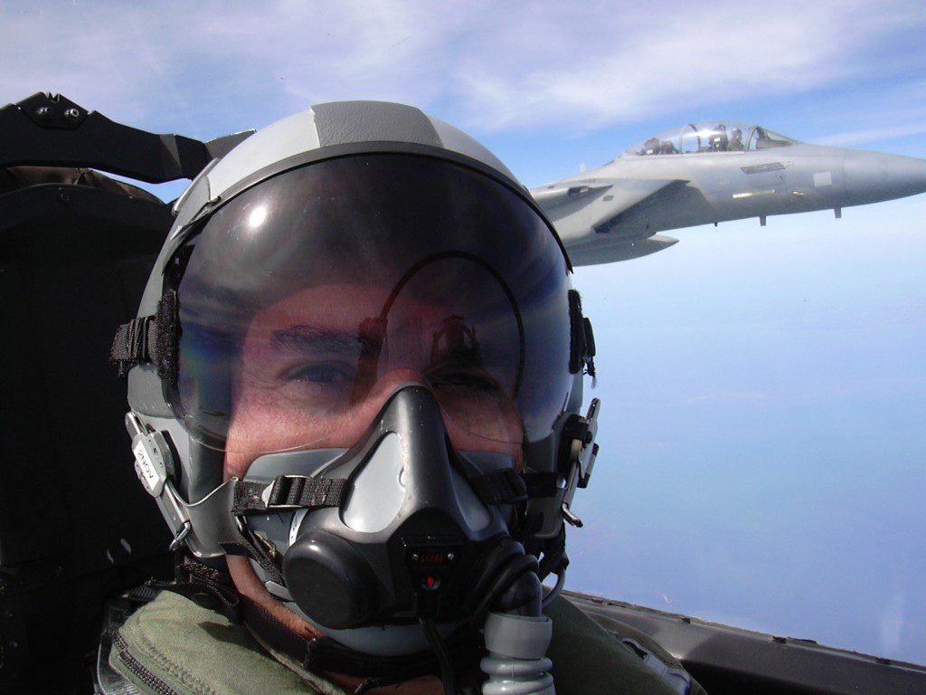 Robert Riggs is the first reporter allowed to fly on a post 9/11 air defense patrol. Pictured here in USAF F-15 fighter over New York City.