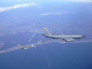 KC-135 Tanker from 128th Refueling Wing of the Wisconsin Air National Guard gases up F-15 protecting skies over New York City during Operation Noble Eagle following September 11 terrorist attacks. Photo by Robert Riggs